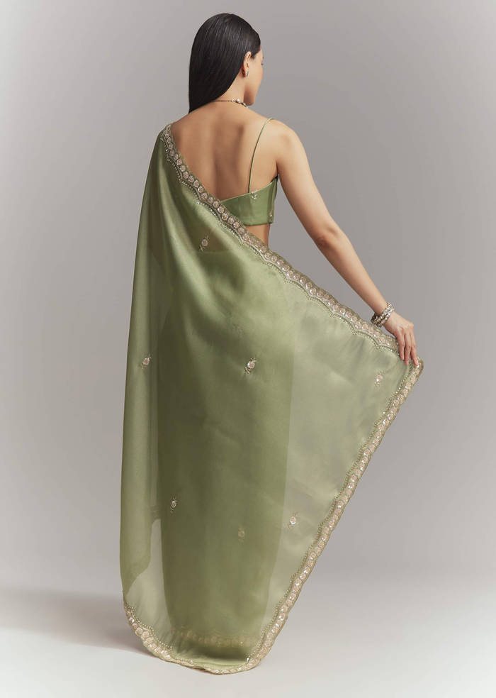 Pista Green Tissue Embroidered Saree With Heavy Hand Embroidery