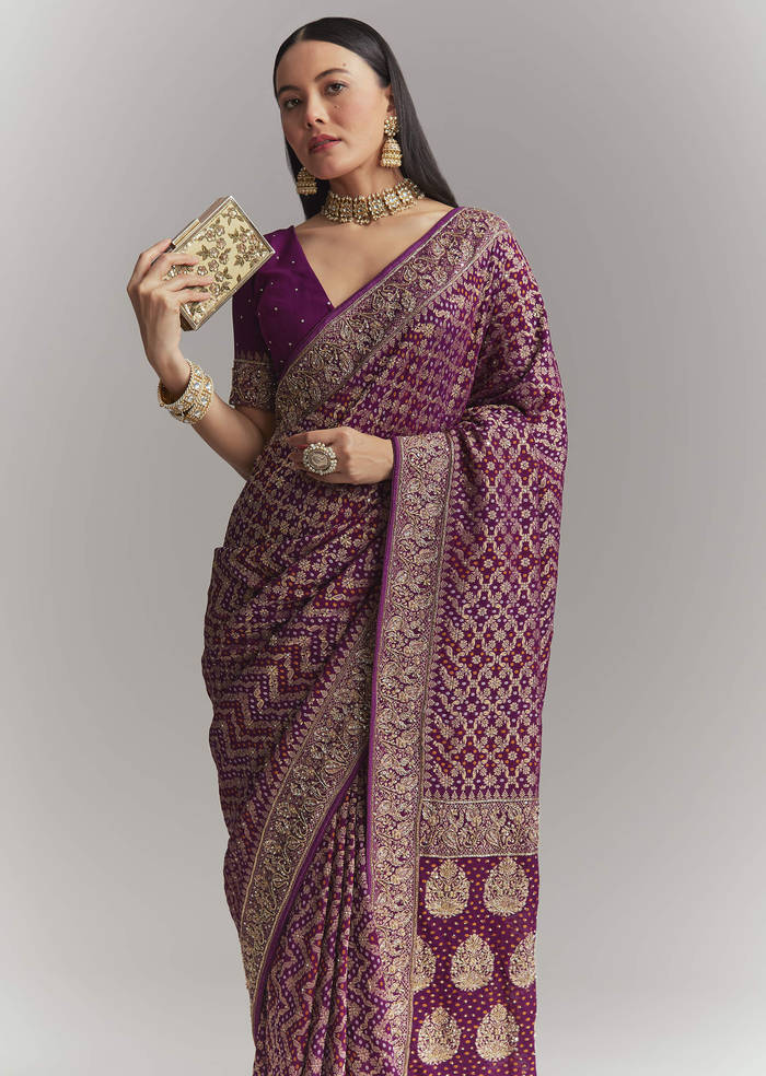 Purple Banarasi Georgette Embroidered Saree With Heavy Hand Embroidery