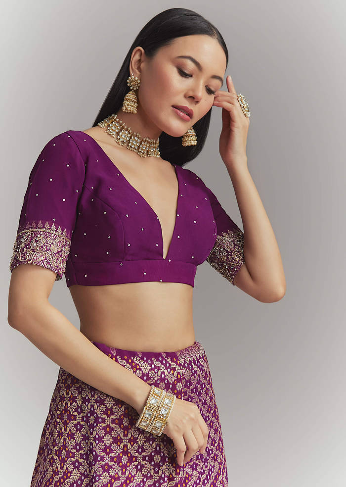 Purple Banarasi Georgette Embroidered Saree With Heavy Hand Embroidery