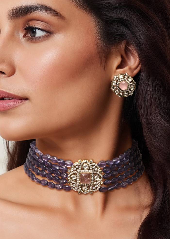 Purple Kundan Layered Necklace and Earring Set