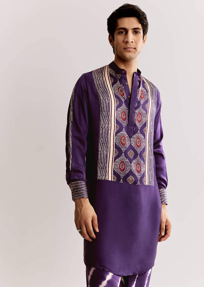Purple Silk Kurta Set With Ajrakh Print