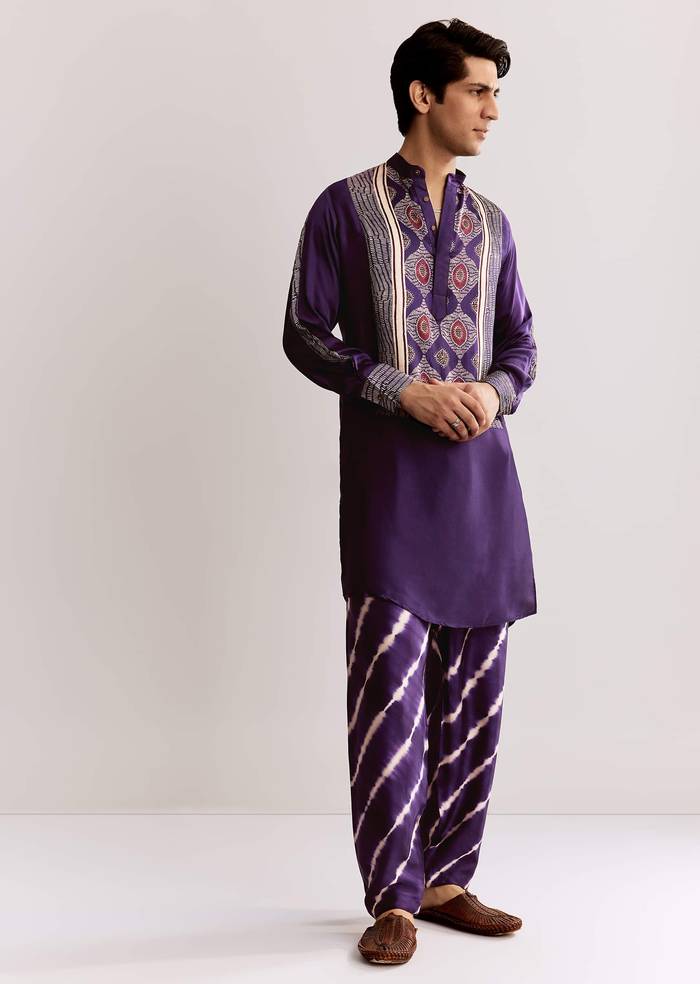 Purple Silk Kurta Set With Ajrakh Print