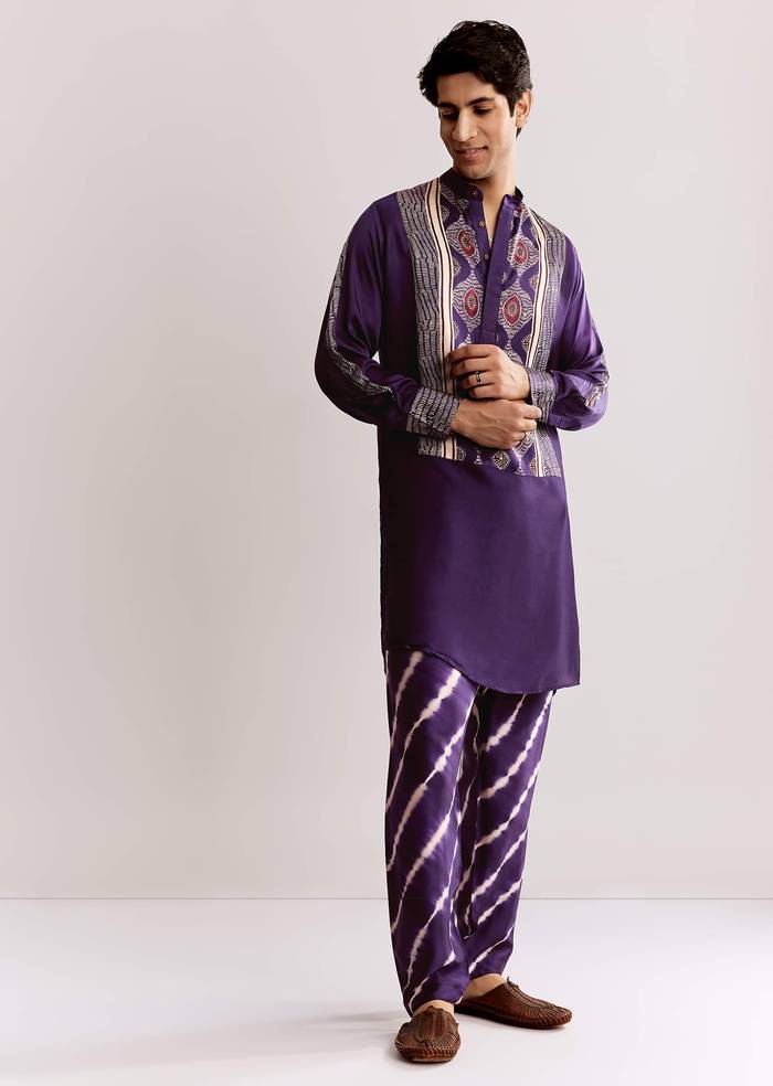 Purple Silk Kurta Set With Ajrakh Print