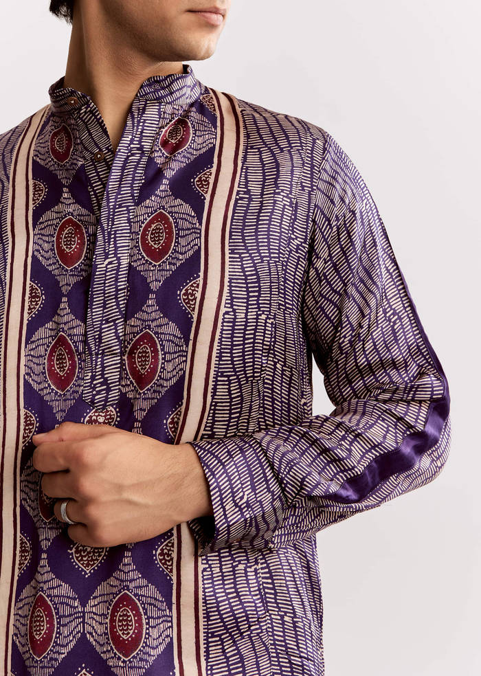 Silk Ajrakh Printed Kurta Set In Purple