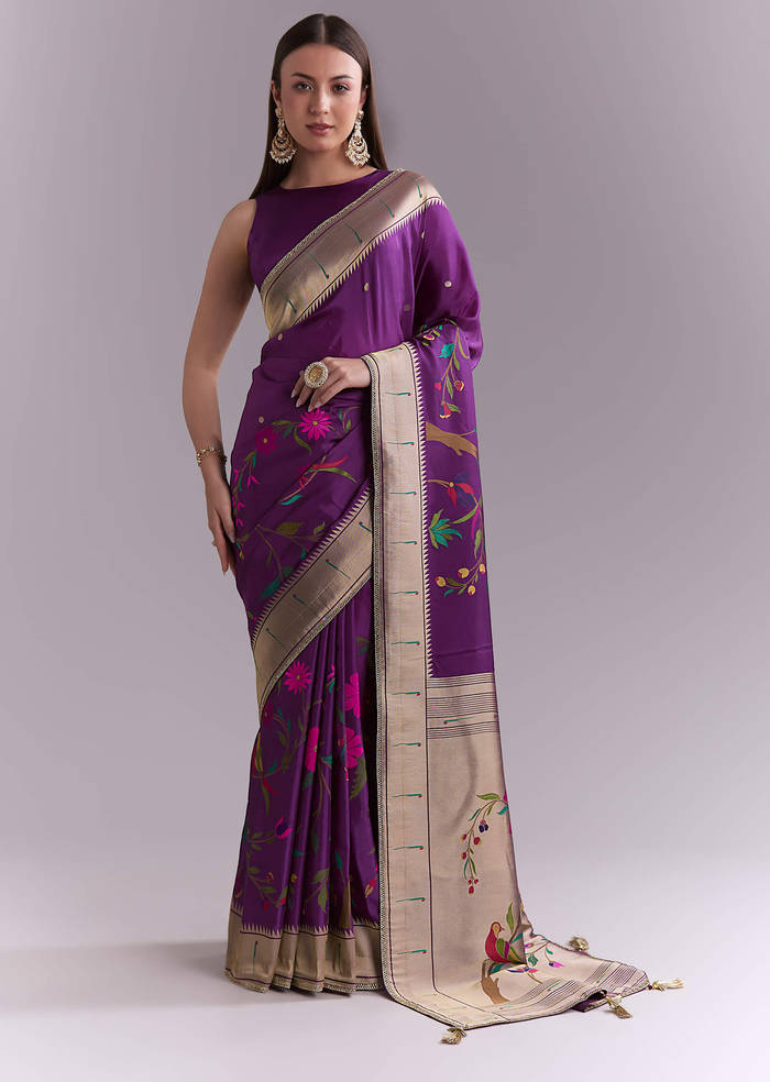 Purple Silk Muniya Paithani Saree With Booti And Zari Work