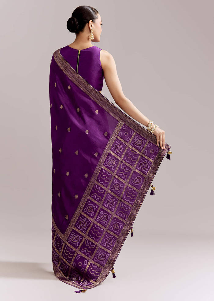 Purple Silk Woven Bandhani Saree With Zari Borders