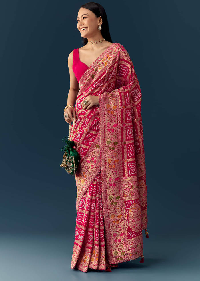 Rani Pink Dola Silk Bandhani Woven Saree with Unstitched Blouse
