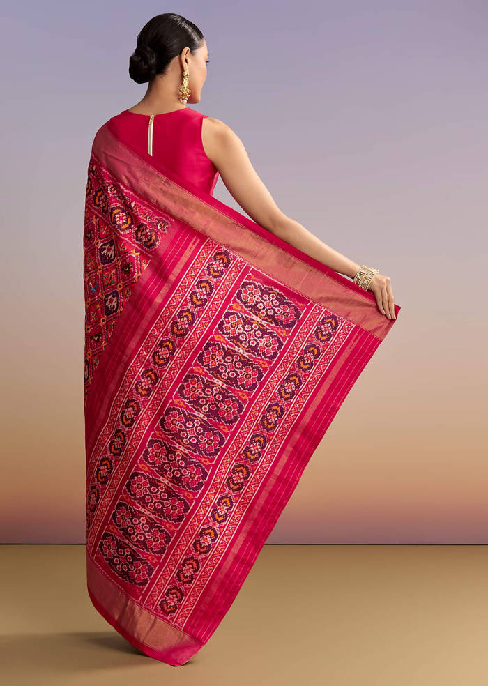 Rani Pink Silk Single Ikkat Handwoven Patola Saree With Geometric Motifs
