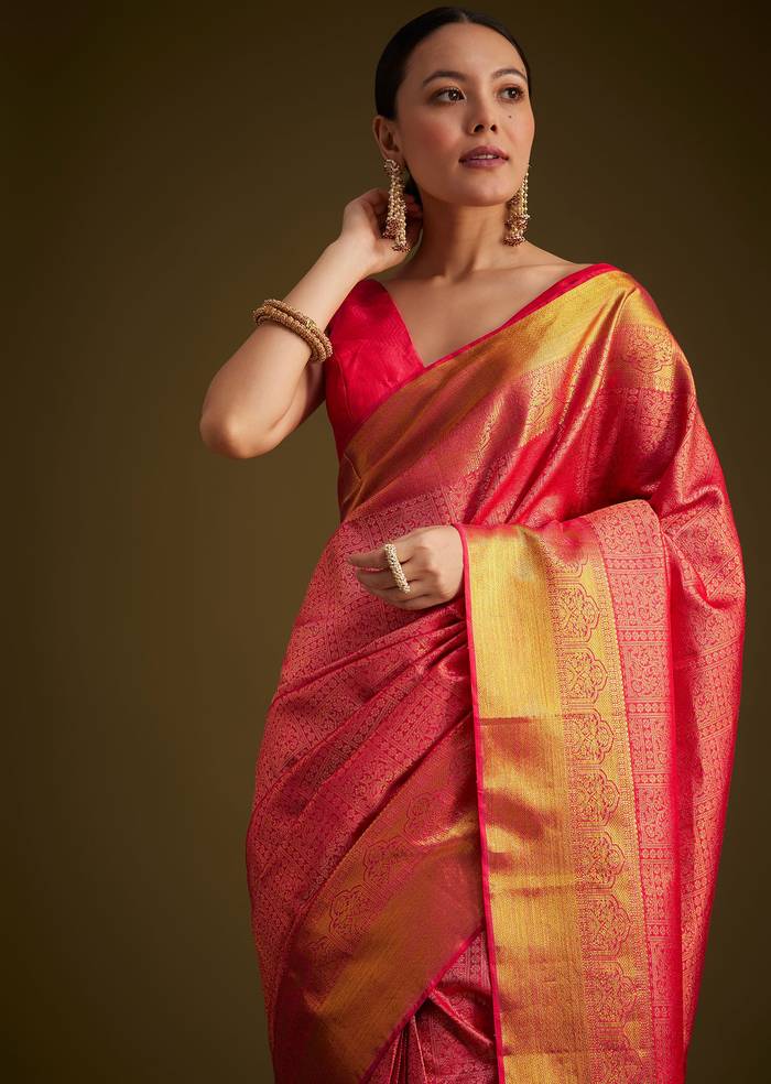 Rani Pink Kanjivaram Silk Saree With Golden Zari Detailing