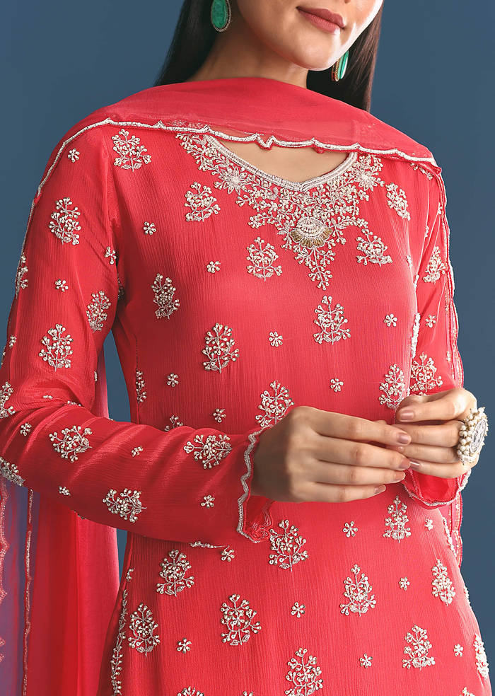 Red Chinon Kurta Sharara Suit With Moti And Cutdana Work