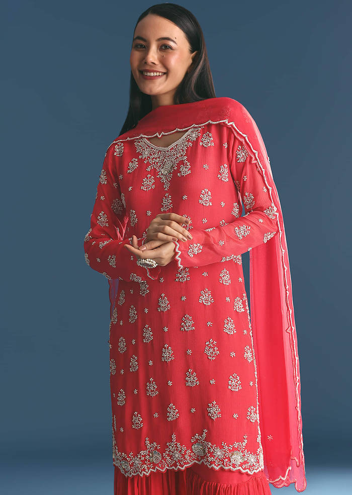 Red Chinon Kurta Sharara Suit With Moti And Cutdana Work
