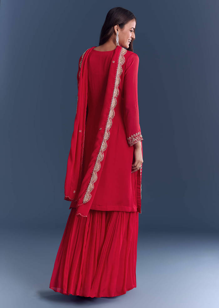 Red Chinon Sharara Suit With Cutdana And Sequins Embroidery