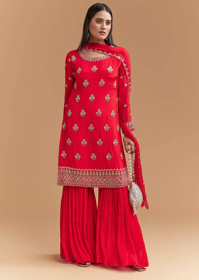 Red Chinon Sharara Suit With Intricate Cutdana Work