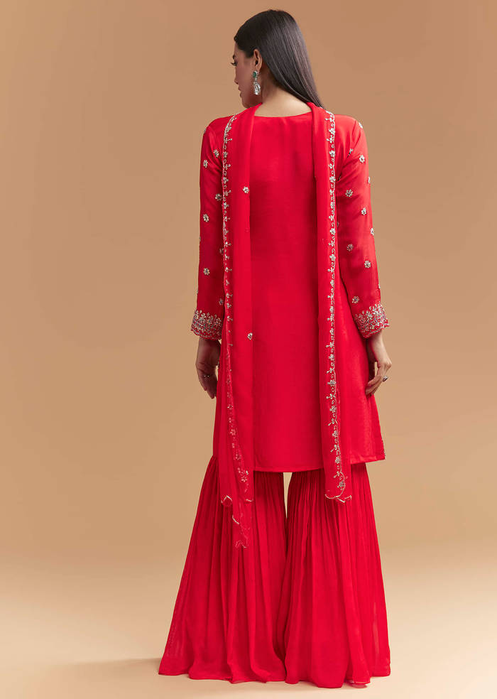 Red Chinon Sharara Suit With Intricate Cutdana Work