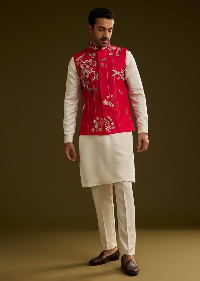 Red Cotton Silk Kurta Set With Nature Motif Jacket