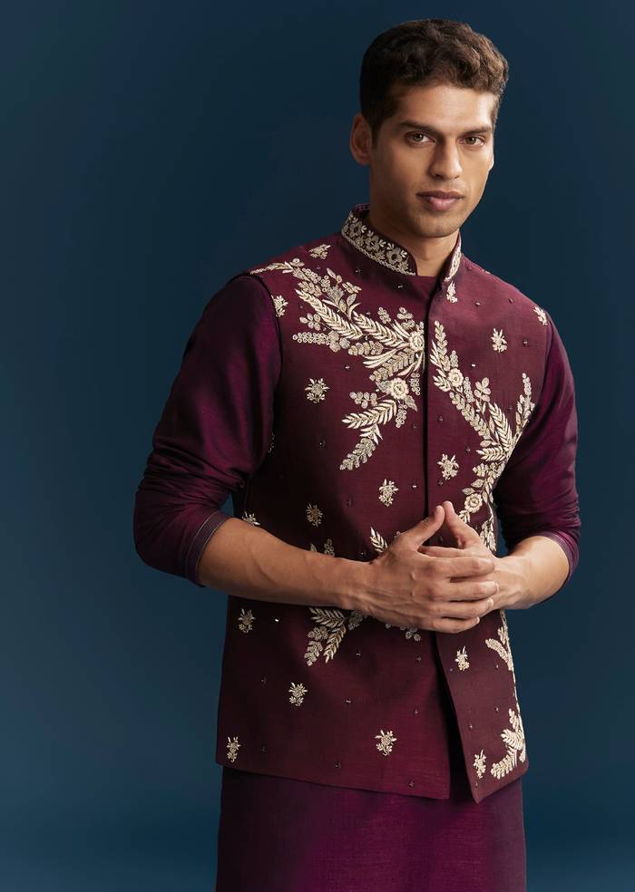Red Maroon Silk Kurta Jacket Set With Thread Mirror Sequin Bead Work