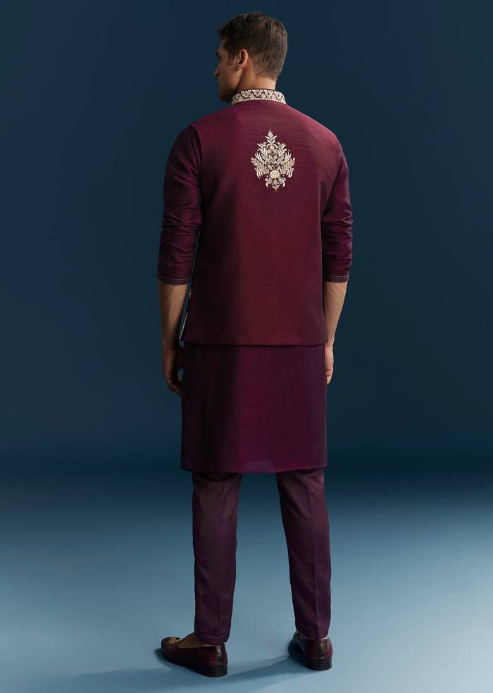 Red Maroon Silk Kurta Jacket Set With Thread Mirror Sequin Bead Work