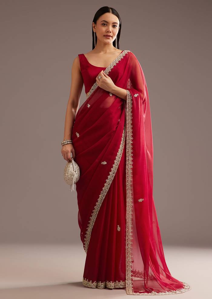 Red Organza Saree With Cutdana And Sequins Border