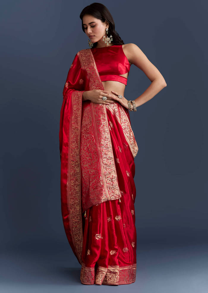 Red Satin Woven Saree With Zari Work