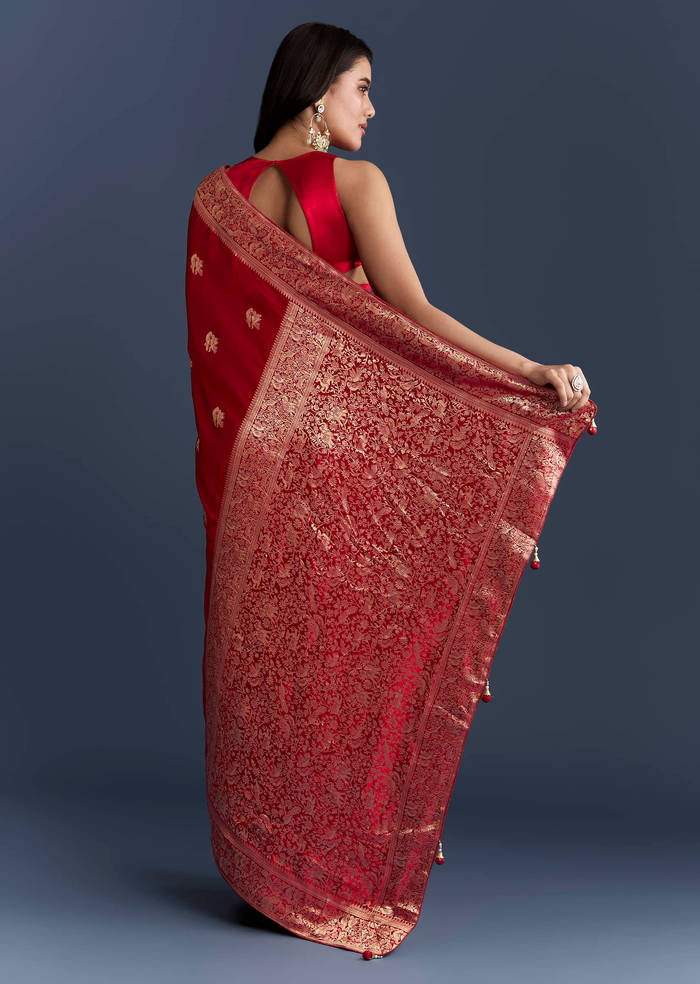 Red Satin Woven Saree With Zari Work