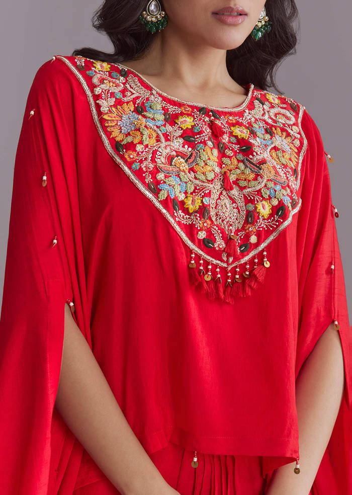 Red Silk Kaftan Top And Drape Skirt Set With Embroidery