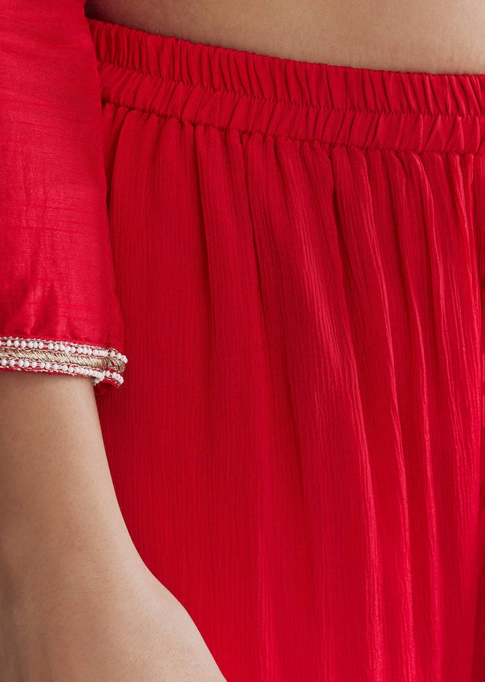 Red Silk Sharara Suit With Resham Work And Cape Dupatta