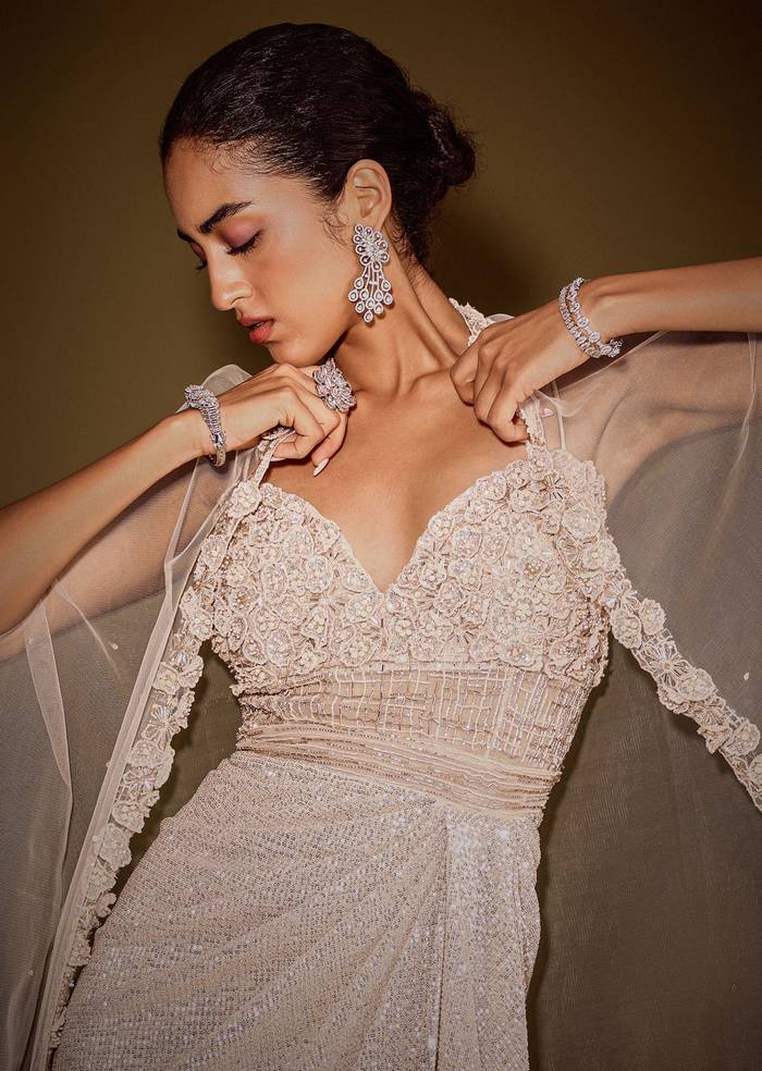 Rose Gold Shimmer Corset Gown With And Embellished Cape