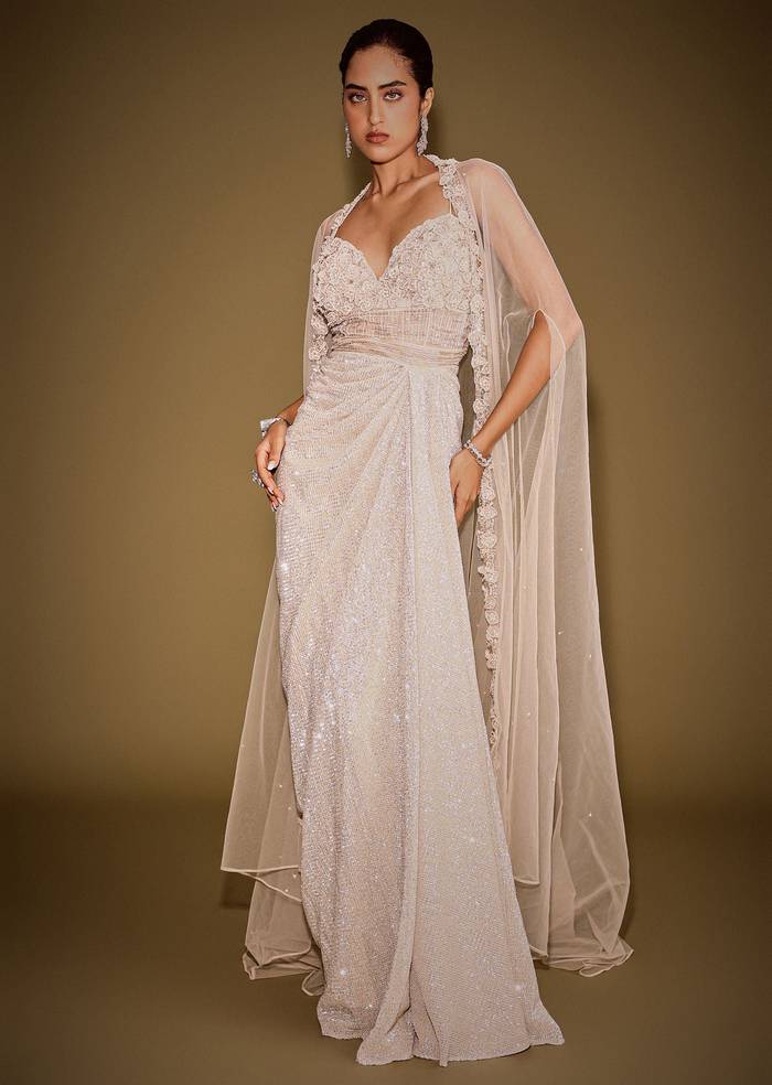 Rose Gold Shimmer Corset Gown With And Embellished Cape