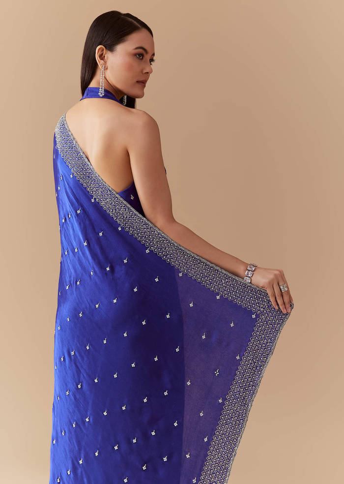 Royal Blue Mirror Embellished Saree with Unstitched Blouse
