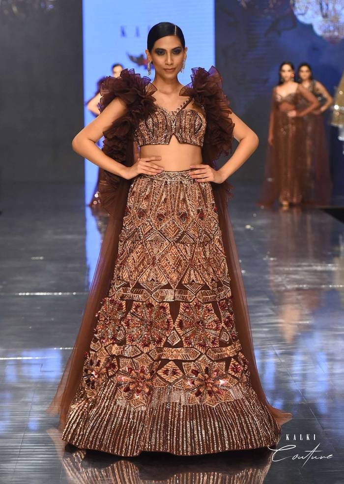 Dark Brown Exemplar Lehenga Set With Heavy Embroidery And Ruffle Shrug - NOOR 2022