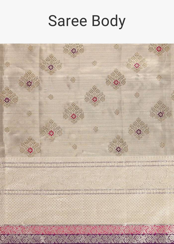 Silver Kanchipuram Tissue Silk Saree In Meena Weave With 14gm Real Zari And Unstitched Blouse