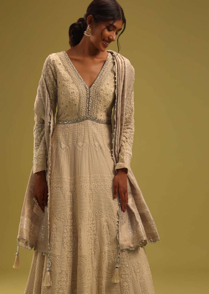 Cream White Anarkali Set In Georgette With Lucknowi Work