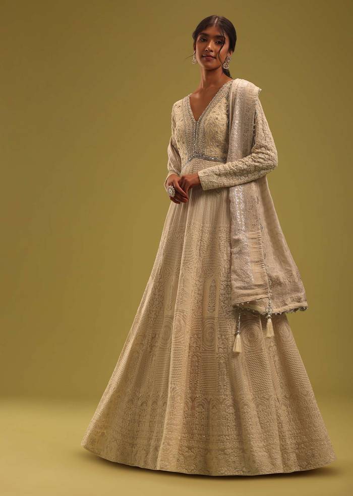 Cream White Anarkali Set In Georgette With Lucknowi Work