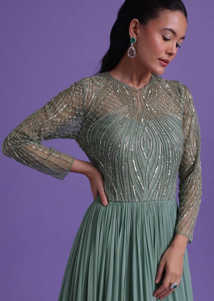 Pastel Green Gown In Georgette With Cut Dana Embroidery