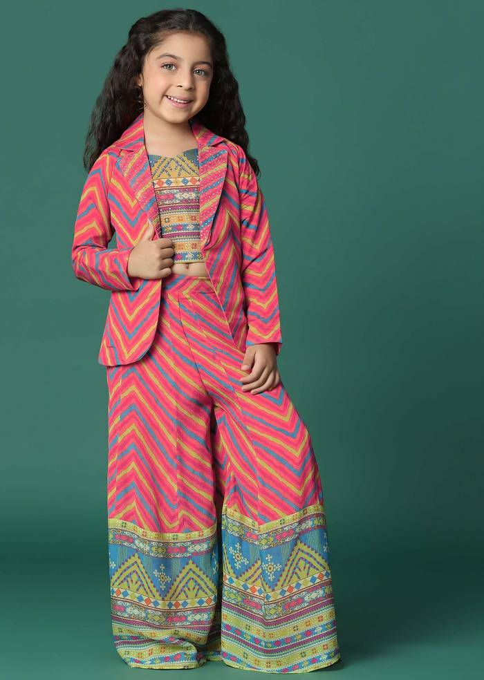 Kalki Multi Colored Printed Top And Palazzo Set With Jacket In Pure Chinon For Girls