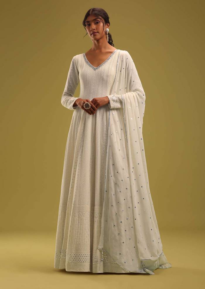 Ivory White Lucknowi Embroidered Anarkali Set In Georgette