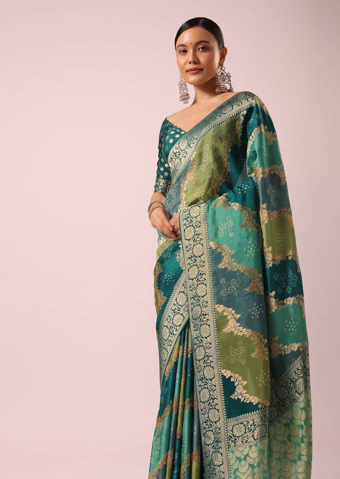 Green Silk Rangkat Saree With Bandhani Detail