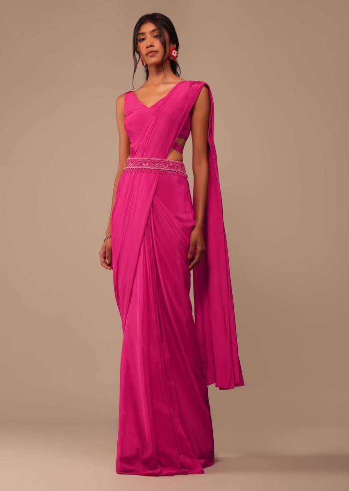 Hot Pink Readymade Saree With Embroidered Belt