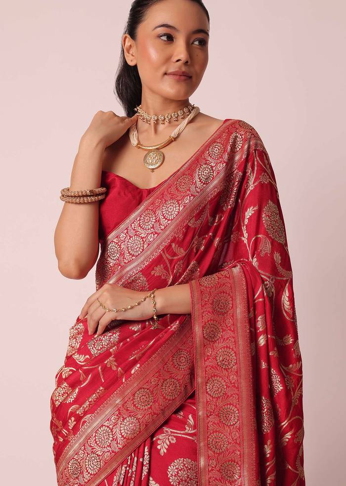 Red Saree in Dola Silk With Floral Weave And Unstitched Blouse Piece