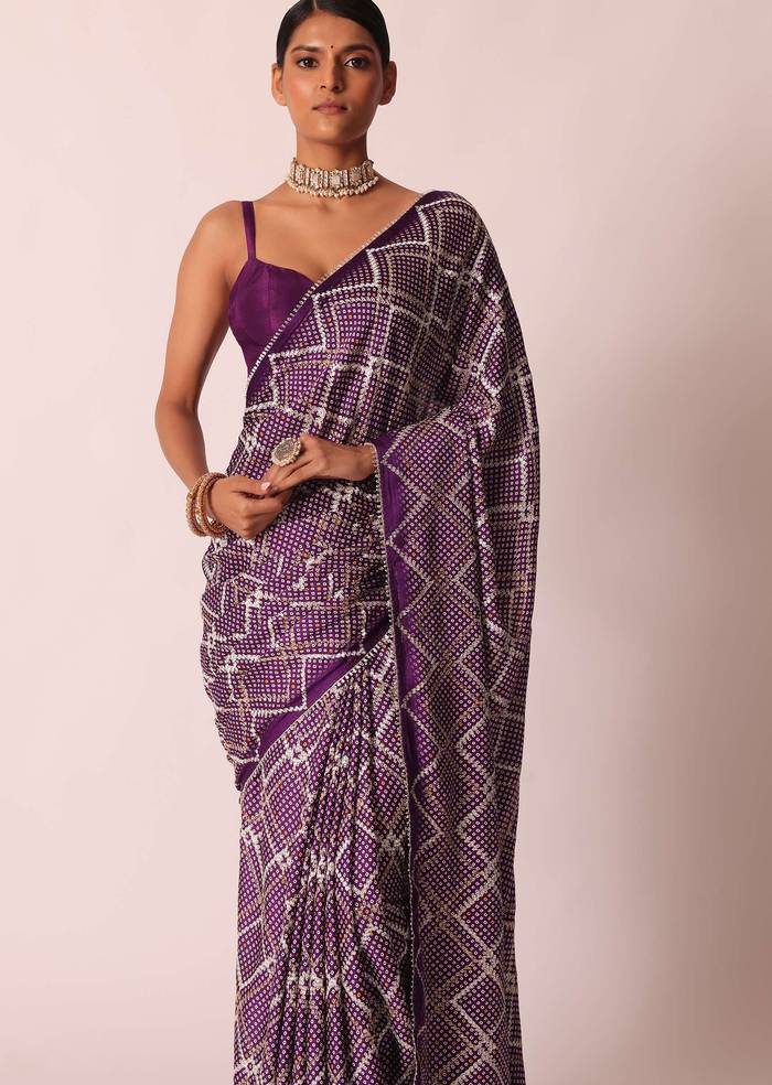Purple Silk Bandhani Print Saree With Gota Embroidery And Unstitched Blouse Piece
