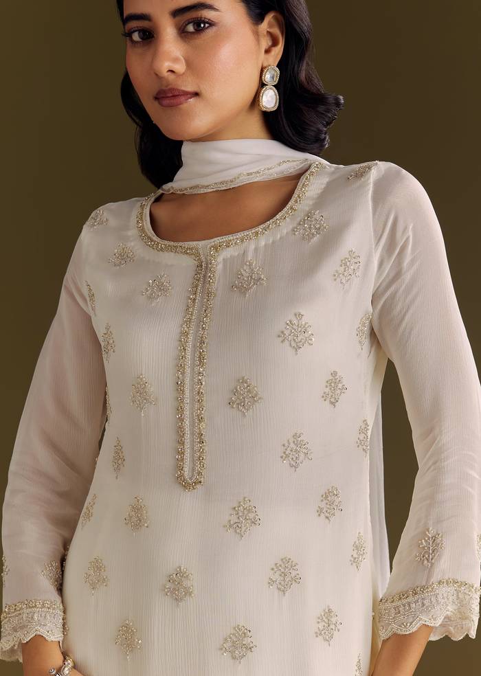 White Chinon Cutdana Kurta Sharara With Moti Work Dupatta
