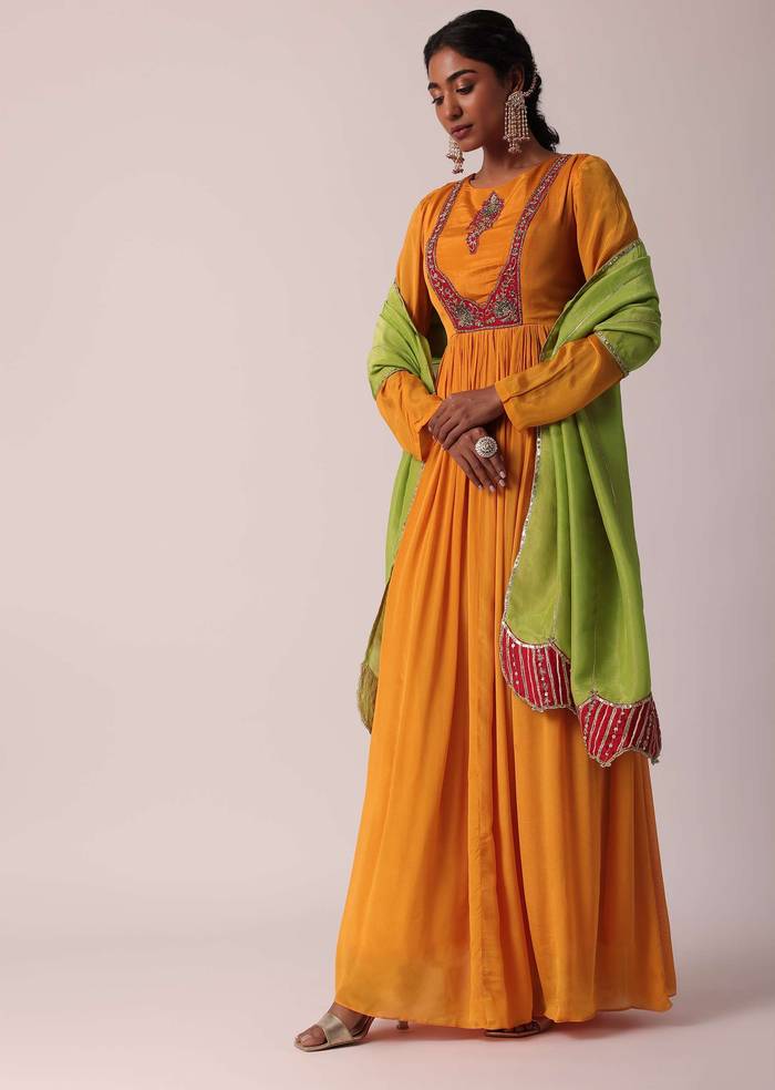 Orange Embroidered Chiffon Anarkali With Dupatta