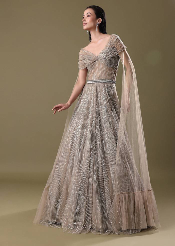 Dusty Beige Embroidered Gown With Cowl Sleeves