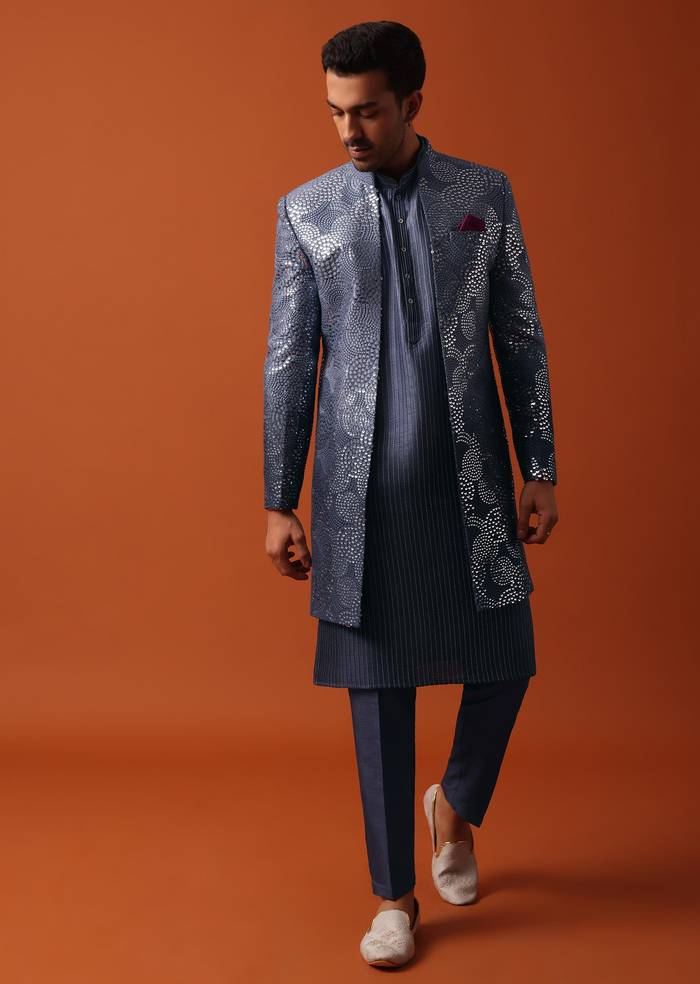 Timeless Blue Shaded Sherwani With Intricate Sequin Embroidery