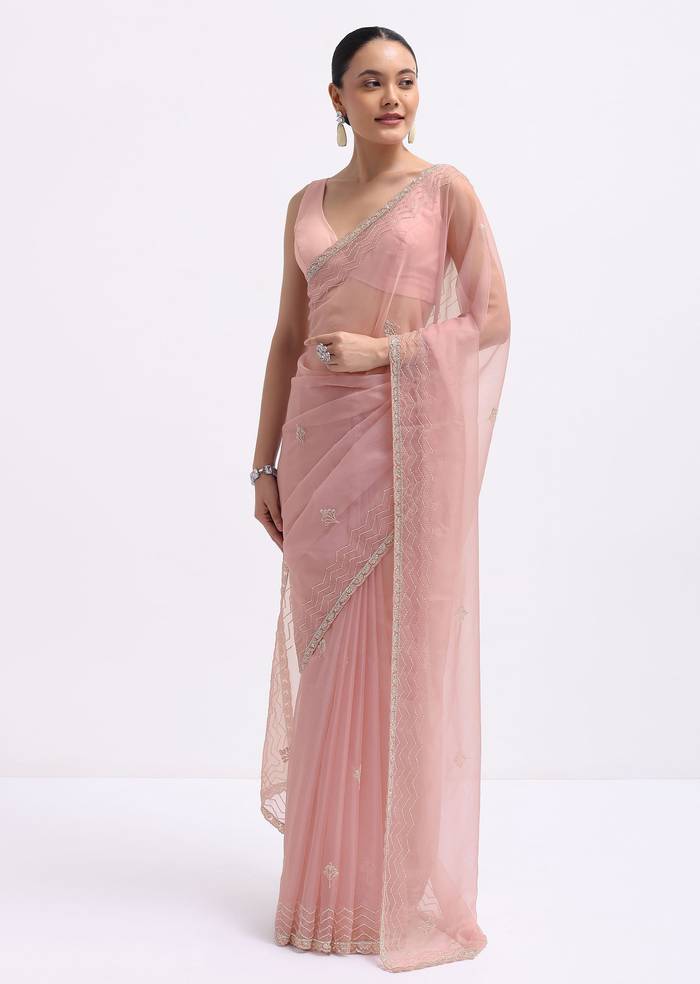 Pink Cutdana Embroidered Organza Saree With Unstitched Blouse