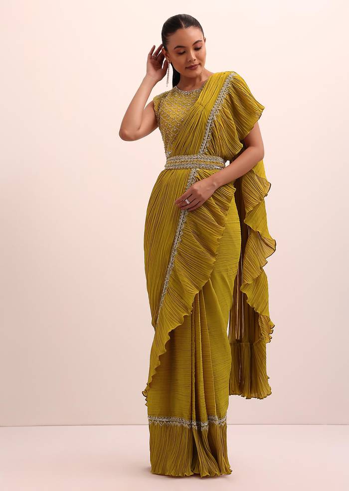 Mustard Yellow Georgette Pre Stitched Frill Saree With Embellished Blouse