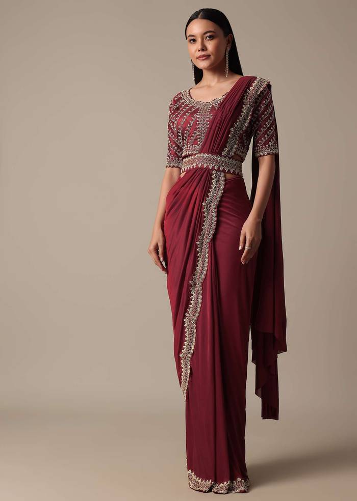 Red Readymade Saree With Embellished Blouse