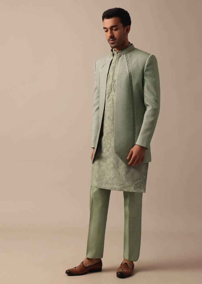 Elegant Green Indowestern Set Featuring Striking Self Work