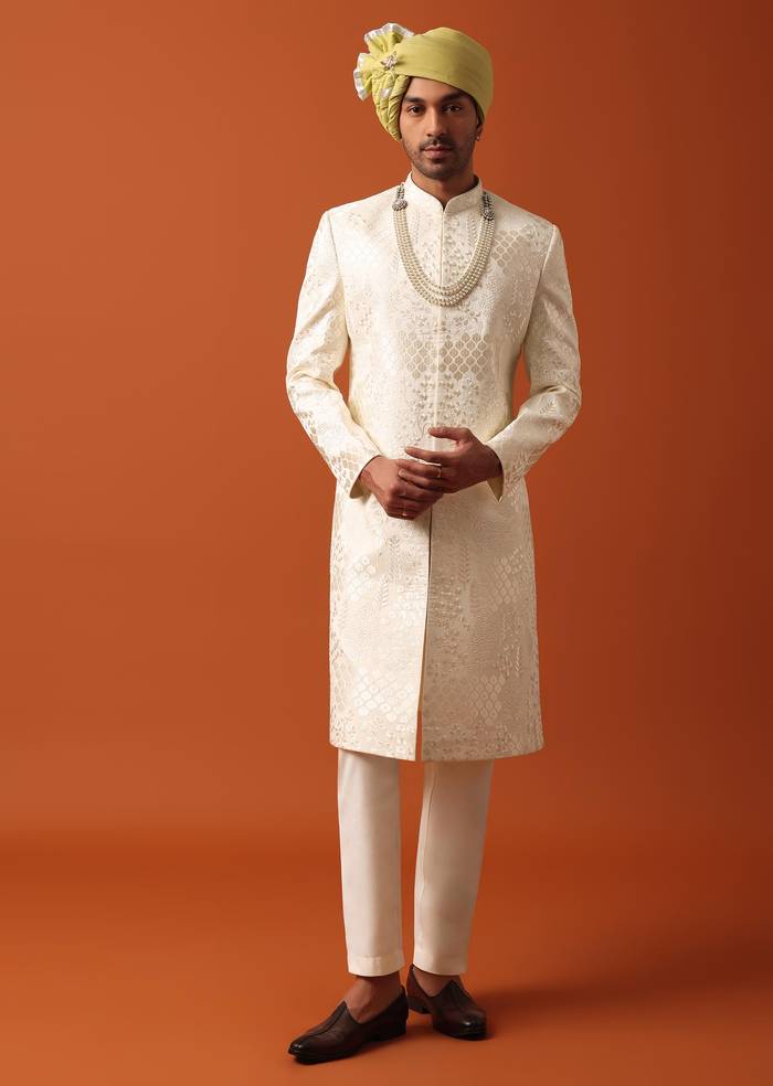 Elegant Pristine White Silk Sherwani Set With Intricate Embroidery Work