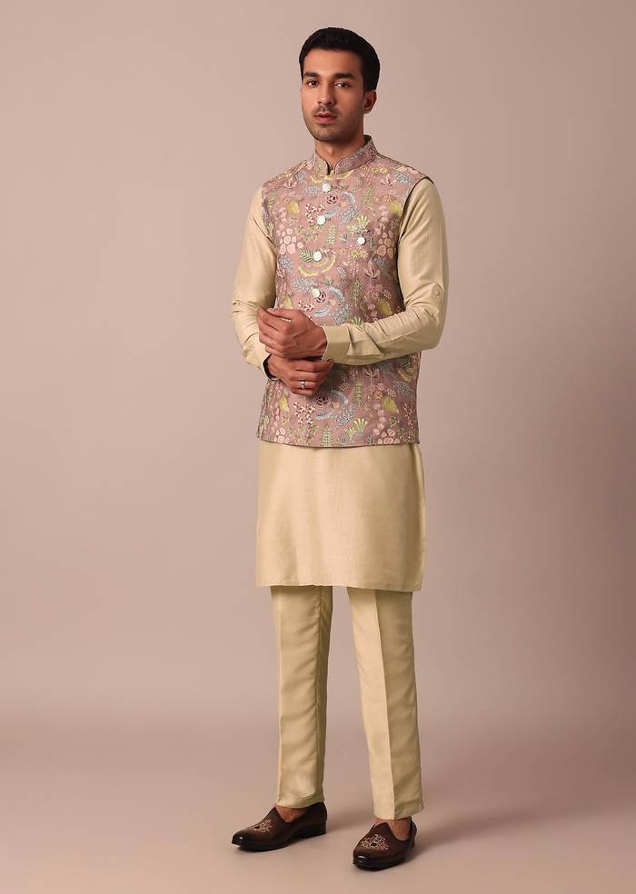 Pink Jacket Kurta Set With Thread Work